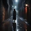 Placeholder: girl yalda night A dark alley yalda night, hidden shadows, a street light, puddle of rain,