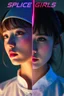 Placeholder: cyberpunk high-end advertisement image for a fictional service called “Splice Girls Nurses, Rebuilding Bone Structure on Transparent People™”. Split-screen composition with two contrasting emotional states.