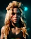 Placeholder: portrait, Shakira, blonde artist, angry, Realistic image, MMA robe, hoodie, mma gloves, loose long hair, eyes, make-up, gold line make-up, moisture, sweat, fog, goddess, Neon colors, leds. Black background, photo studio, concept art, smooth, unreal engine 5, god lights, ray tracing, RTX, lumen lighting, ultra detail, volumetric lighting, 3d, finely drawn, high definition, 4k.