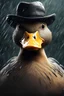 Placeholder: Portrait of a duck, close-up, wearing a hat, in the pouring rain, large drops dripping down the hat, the duck is dry, gloomy colours, gloomy skies, very neat digital artwork, unreal engine, blender art by artgerm, magnificent composition, ultra-realistic, intricate design and detail, photorealistic, very detailed and delicate processing, 32k UHD, sharp super focus, perfect image, perfect composition, a masterpiece, golden ratio, art direction, super quality model