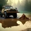 Placeholder: hyperrealistic shot, muddy military toy truck, earth color palette, sharp focus, puddle reflection, tire water splash, refraction, mist on the horizon, shadowcast, detailed and intricate, cinematic composition, micro, tilt shift photography