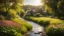 Placeholder: Beautiful realistic rural landscape, warm sunshine, lush plant growth, flowers, brook, peaceful, delightful, idyll, award-winning photograph, detail, beautiful composition, attractive colour, chiaroscuro, rule of thirds, human habitation