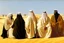 Placeholder: A tall fat european man in business suit wathcing four Arabian sheikhs sitting in the desert wearing typical Arab dresses, looking towards the four cardinal points and he is thinking.