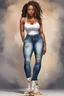 Placeholder: Create a watercolor image of a curvy black female wearing tight cut up jeans and a off the shoulder white tshirt with timberland boots. Prominent make up with hazel eyes. Highly detail dread locs