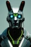 Placeholder: Medium Close Up Portrait, Front image. cyborg, cyberpunk, rabbit mask, strong man, short hair and beard. Silver suit army. White, blue, color. camouflage style. Neon, Color background, photo studio. highly detailed, concept art, smooth, unreal engine 5, ray tracing, RTX, lumen lighting, ultra detail, volumetric lighting, 3d, finely drawn, high definition, high resolution.