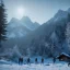 Placeholder: Five people hunting in a snowy forest, sense of fear, mountain hut in the background, Alps, night, 8k, HD, cinematography, photorealistic, Cinematic, Color Grading, Ultra-Wide Angle, Depth of Field, hyper-detailed, beautifully color-coded, insane details, intricate details, beautifully color graded, Cinematic, Color Grading, Editorial Photography, Depth of Field, DOF, Tilt Blur, White Balance, 32k, Super-Resolution, Megapixel, ProPhoto RGB, VR, Halfrear Lighting, Backlight, Natural Lighting