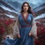 Placeholder: Hyper Realistic Gorgeous-Young-Pashto-Women-with-beautiful-eyes whirling wearing blue-grey-dress & beige-shawl-with-maroon-embroidery on mountains-with-flower-garden at snowfall night withy dramatic & cinematic ambiance