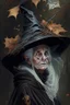 Placeholder: Old White-haired Witchery Witch in her pointed hat ready for the Coven in rusty autumn leaves and silver cobwebs. with burnished browns and abyss black.