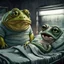 Placeholder: big fat large sad, yellow-green frog wearing a t-shirt, standing in an old, dilapidated room next to a bed. In the bed lies a pale gray, ancient and wrinkled lizard-medusa-frog mutant creature with two long tentacle arms, a large head, and big half-open black eyes with eyelashes. The blanket partially covers the creature. The frog gazes at the lizard creature, while the background is blurred, adding to the eerie atmosphere. The detailed, realistic rendering