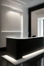 Placeholder: A reception desk with black walls, a white floor, and hidden or rich lighting, and it is suitable for a museum