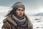 Placeholder: create a sketchy hand drawn young, otherworldly lost Siberian nomadic female huntress concept art character, with highly detailed, sharply lined and deeply weathered facial features in a desolate tundra steppe landscape , in natural winter tundra colors, 4k