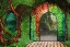 Placeholder: open iron gates made of colorful stained glass, covered in vines, trees, very large entry leading to a lush garden, see lot details in the garden, photo realistic 4k, nature, beautiful hand laid checkered pattern stone walkway path, trending on artstation, sharp focus, studio photo, intricate details, highly detailed, by greg rutkowski