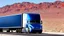 Placeholder: A Tesla semi-truck is racing at top speed, by the 'Lake Mead', in Nevada. CINEMATIC. WIDE ANGLE LENS.