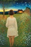 Placeholder: Night, vegetations, flowers, one woman, distant house, hans thoma, and george iness paintings