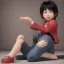 Placeholder: Distant Japanese child, black hair, sitting on floor with back to back, red akira jacket, extremely detailed, extremely realistic