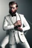 Placeholder: BDSM style, 8K, a Highly detailed portrait of a Dom man holding a kneeling submissive woman leash, white suit, beard, and short hair, bad boy