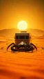 Placeholder: A zoom in Scorpion with background realistic photo of a landscape covered in sands that looks futuristic with futuristic lighting , a caravan in the heat of the desert from the “Breaking Bad” episodes
