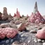 Placeholder: A grayish pink magical wasteland with rune rocks painted by Antoni Gaudi