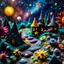 Placeholder: Detailed close-up street made of modeling clay and felt, village, stars, galaxy and planets, fairy, sun, volumetric light, Max Ernst, flowers, naïve, Tim Burton, strong texture, extreme detail, Yves Tanguy, decal, rich moody colors, sparkles, Harry Potter, bokeh, odd