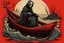 Placeholder: A small boat is running on the red river, and on top of the boat, a rear figure of the Grim Reaper is rowing with an oar