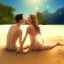 Placeholder: 2 lovers last kiss in sand island with tent and river background