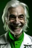 Placeholder: plauge doctor with silver hair and bright green eyes smiling with sharp teeth