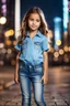 Placeholder: Little 8 years old beautiful girl perfect face,1girl wearing a pretty shirt and jean pant, standing pose,modern city ,night view