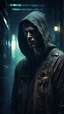 Placeholder: Si-Fi, a beast hooded man , Dr. Moreau Prison, atmospheric lighting effects, intricate industrial details, moody atmosphere, eerie grimdark ambiance, complex motherboard accents, speculative fiction art. Bokeh