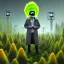 Placeholder: portrait of mad scientist in coat, yellow mad hat ,cell towers overgrown with plants, autmn, evening, spotlights, spray paint art, book illustration, 4k, high detail