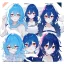 Placeholder: Clear focus, High resolution, rough line art, cute, cartoon, medium blue hair, hair between eyes, fluffy hair, red eyes, barely revealing