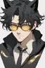 Placeholder: Anime style man with messy black hair and black cat ears. gold eyes. Glasses. Smirking.