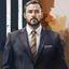 Placeholder: Portrait of a politician in a suit, white shirt, brown tie; short beard, very short hair; beige background; in the style of watercolor, paint spalshes, very colourful;