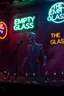 Placeholder: An "empty sad man" performing at dance club, his name is "Körven" Very sad looking and body and head is made of glass, empty glasses on stage, Neon lights and smog, "THE EMPTY GLASS" sign on the wall