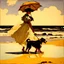 Placeholder: A young woman with an umbrella walks with a dog on the beach, 19th century, in the style of Joaquin Sorolla, light and color,