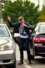 Placeholder: A very angry and bitter punk rocker tries to get in his car, while a other car is to close on a parking lot