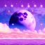 Placeholder: sky colored purple blue and pink and white , ocean , one white moon , yellow stars