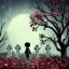 Placeholder: Creepy doll standing in a graveyard with dead roses around on a dark cloudy night animated style