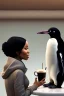 Placeholder: young black hair woman talk to a penguin in coffee-shop