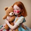 Placeholder: Patchwork dress, beautiful sadie sink with rosy cheeks and freckles, hugging a teddy bear, autochrome