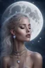 Placeholder: back arched over moon, gorgeous ethereal goddess female, looking down, body piercings and jewelry, beautiful face, mesmerizing starry eyes, smooth translucent skin, transcendental