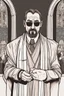 Placeholder: judgmental priest wearing sunglasses who looks like Hans Gruber red comic book style