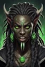 Placeholder: generate a dungeons and dragons character portrait of a female beast-human hybrid with black skin, dreadlocks, green piercing eyes, fangs and a thick nose. She is wearing black clothes and has tusks