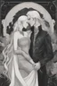 Placeholder: Strahd Von Zarovich being kissed by a beautiful woman with white hair, wearing an off the shoulder dress. Settling and background are a lavish toomb with an ebony coffin.