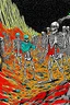 Placeholder: ,Digital illustration of horror genre comic book cover from the 1980s, giant larger than life skeleton picks up tiny humans as they try to run away from inside the cave, macabre, gorey, 1970 illustration art style, absurdist, conye.color pencils, ink, counter culture, dystopian, retro futuris. 90s riot girl look, punk aesthetics, collage, psychedelic, grime, textured, mixed media with a british pop culture influence, maximalism, feminist icon,