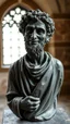 Placeholder: Ceramic style statue all colours are dark gray of an old church man from the 100 BC in it a whole body and the head of dead man with thick curly hair smiling