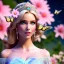 Placeholder: Full body Princess, woman blondie, make up,smile, beautiful place,amazing, flowers, colors, blue and pink butterfly, , realistic, photo real, stars night, detailed, high contrast, 8k high definition, unreal engine 5, extremely sharp detail, light effect, light background