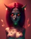 Placeholder: isometric art of a short Demon women with black horns deep blood red hair and green eyes, dark lighting, soft pastel gradients, high definition, 3d icon clay render, blender 3d