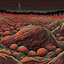Placeholder: fiery harvest moon blazing over farm field of bulging fat pumpkins, hypersurreal, color pen illustration, by Moebius, by Dave McKean, fantastical intricately detailed art. deep warm colors, complementary colors, trending on Artstation.