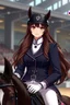 Placeholder: A portrait of a woman with long brown hair and red eyes wearing competitive horse riding clothes, riding a black horse, modern dressage arena setting, anime style, intricately detailed, masterpiece, HD, 4k