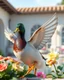 Placeholder: Generate image: Generate image: Generate image: A macro 3D render of a cute, lovely mallard with dark green neck ,entirely of translucent, glossy,colored jelly material. it is starting to fly in terrasse of a luxury villa next to flowers ,subsurface scattering and gelatinous texture . High-quality CGI, octane render, 8k resolution, whimsical, adorable, clean composition., in the style of Portraits, in the style of Portraits, 4:3